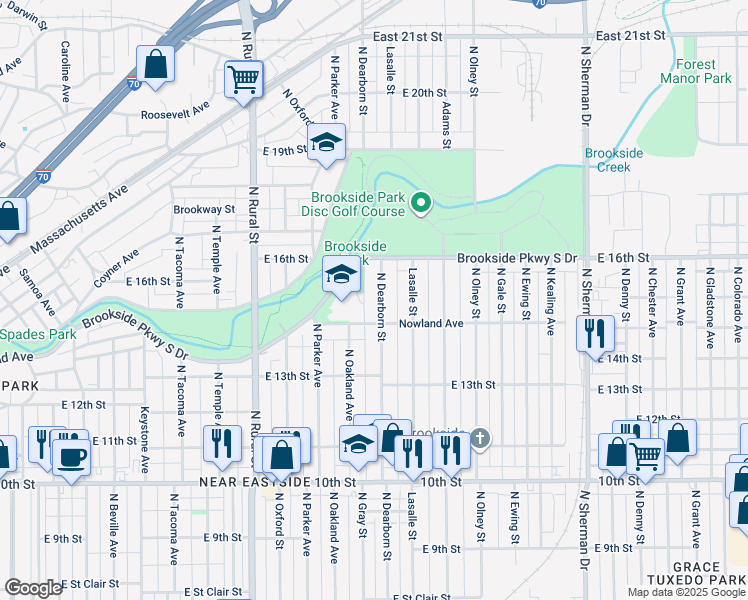 map of restaurants, bars, coffee shops, grocery stores, and more near 1426 North Dearborn Street in Indianapolis
