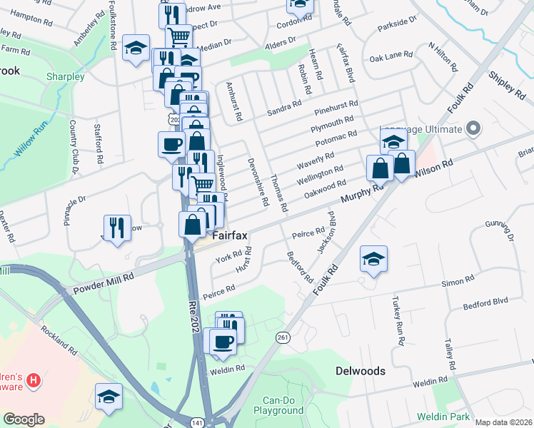map of restaurants, bars, coffee shops, grocery stores, and more near 120 Devonshire Road in Wilmington
