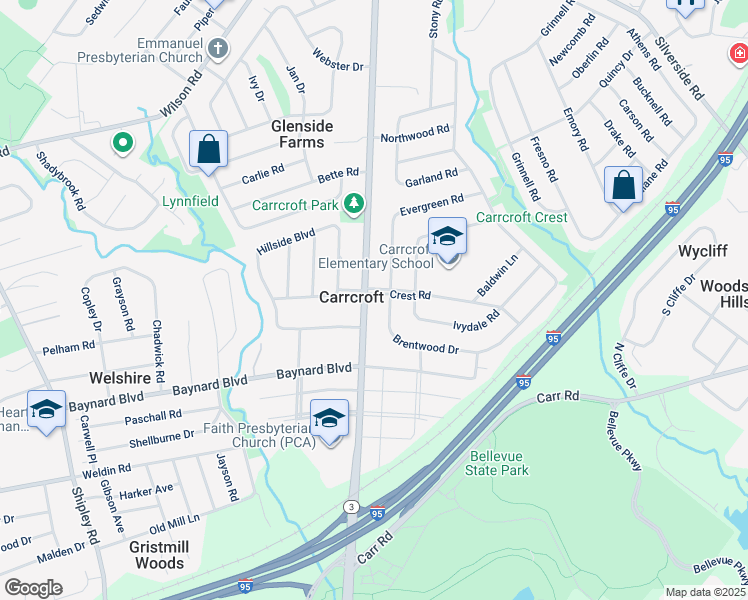 map of restaurants, bars, coffee shops, grocery stores, and more near 400 Crest Road in Wilmington