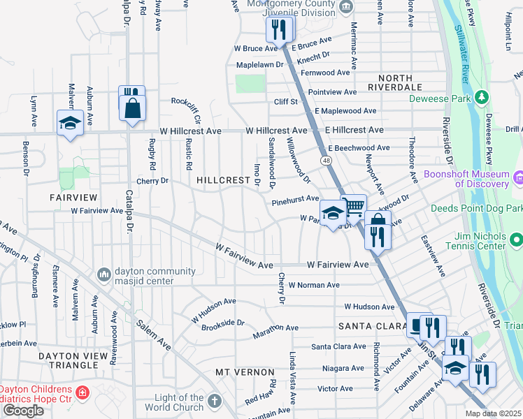 map of restaurants, bars, coffee shops, grocery stores, and more near 419 Cherry Drive in Dayton