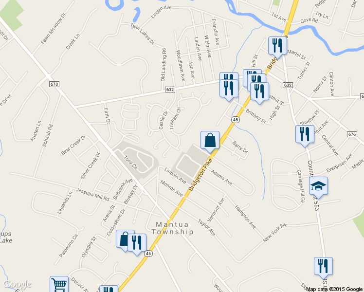 map of restaurants, bars, coffee shops, grocery stores, and more near 1430 Tristram Circle in Mantua Township