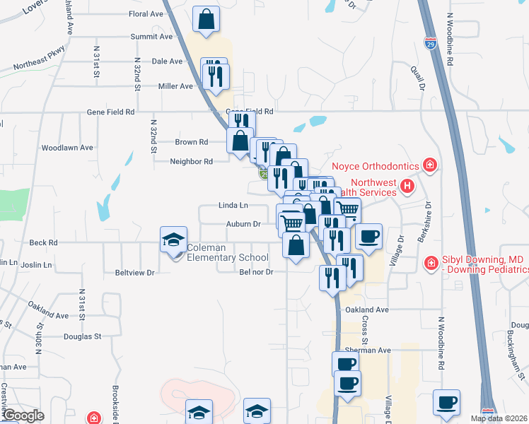 map of restaurants, bars, coffee shops, grocery stores, and more near 2304 North 35th Terrace in Saint Joseph