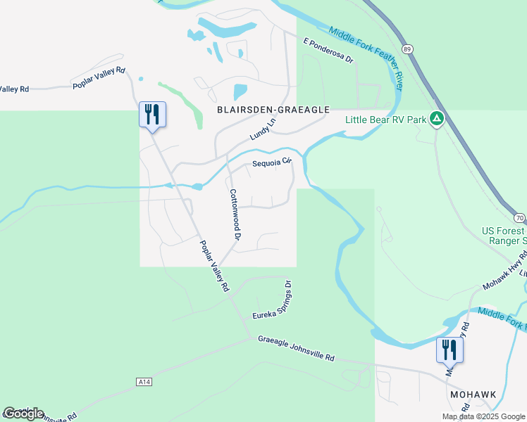 map of restaurants, bars, coffee shops, grocery stores, and more near 72 Sequoia Circle in Blairsden