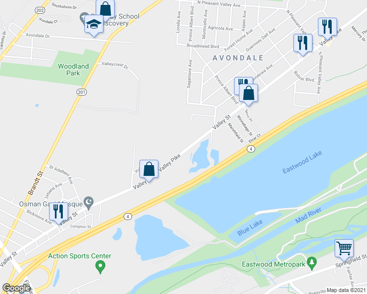 map of restaurants, bars, coffee shops, grocery stores, and more near 2115 Valley Street in Dayton