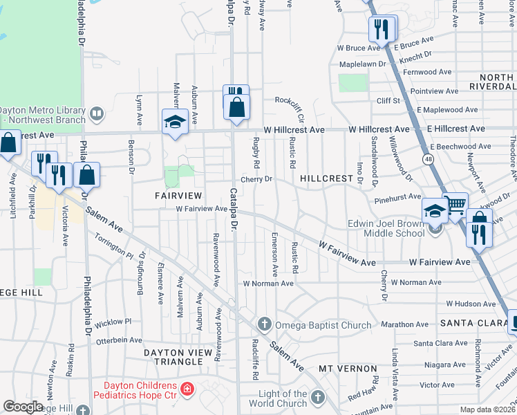 map of restaurants, bars, coffee shops, grocery stores, and more near 2221 Emerson Avenue in Dayton