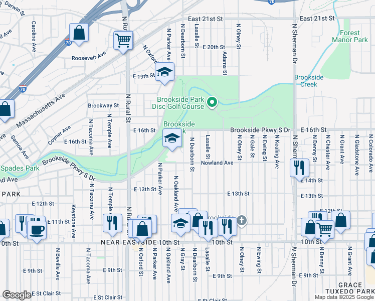 map of restaurants, bars, coffee shops, grocery stores, and more near 1426 North Dearborn Street in Indianapolis
