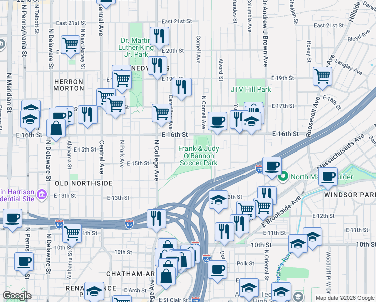 map of restaurants, bars, coffee shops, grocery stores, and more near 1523 Bellefontaine Street in Indianapolis