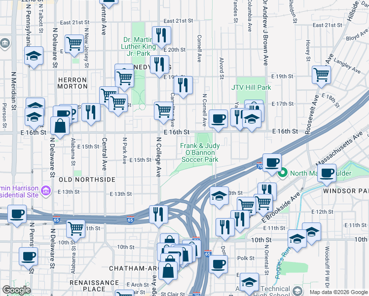 map of restaurants, bars, coffee shops, grocery stores, and more near 1523 Bellefontaine Street in Indianapolis