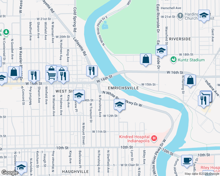 map of restaurants, bars, coffee shops, grocery stores, and more near 2215 West 16th Street in Indianapolis