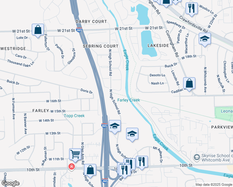 map of restaurants, bars, coffee shops, grocery stores, and more near 11 Foyt Drive in Speedway
