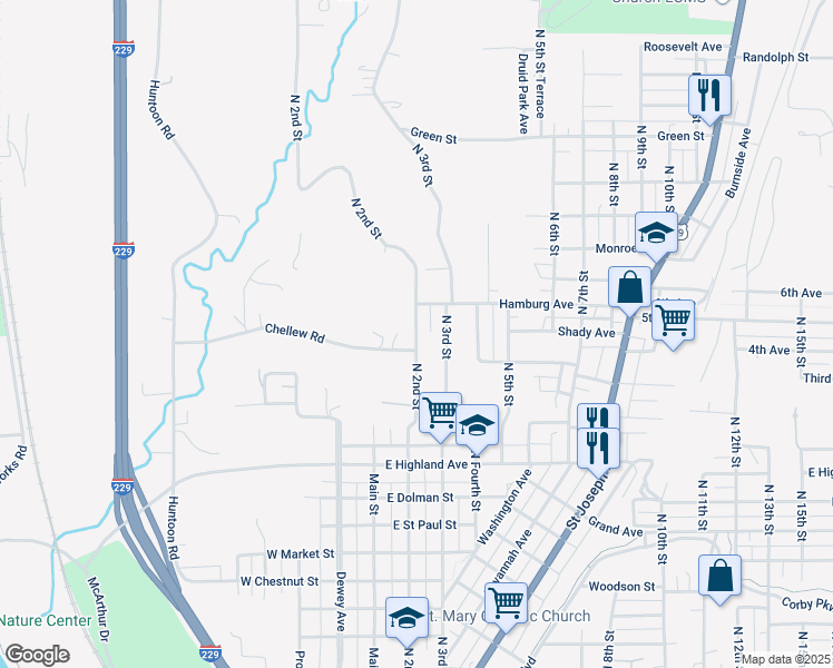 map of restaurants, bars, coffee shops, grocery stores, and more near 117 Chellew Road in Saint Joseph