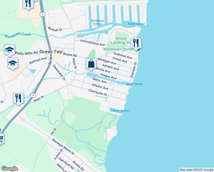 map of restaurants, bars, coffee shops, grocery stores, and more near 90 Baltic Avenue in Waretown