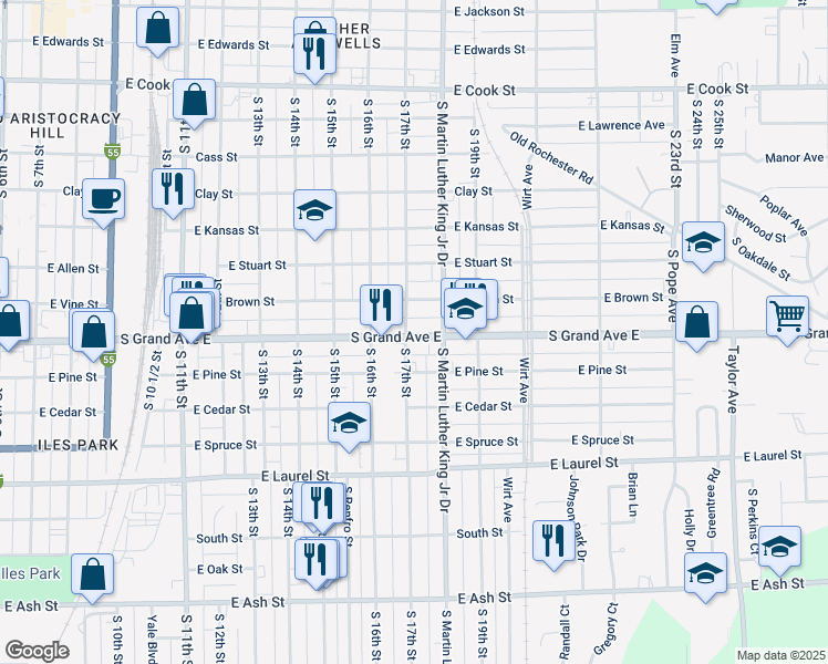 map of restaurants, bars, coffee shops, grocery stores, and more near 1349-1399 South 17th Street in Springfield
