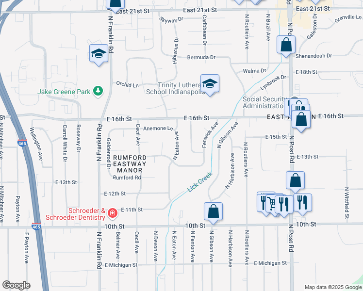 map of restaurants, bars, coffee shops, grocery stores, and more near 1413 North Eaton Avenue in Indianapolis