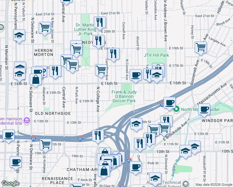 map of restaurants, bars, coffee shops, grocery stores, and more near 1523 Bellefontaine Street in Indianapolis