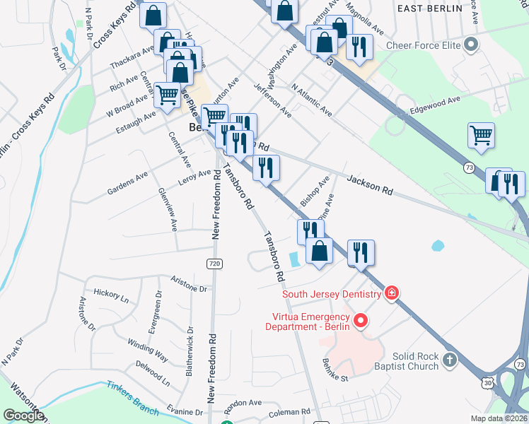 map of restaurants, bars, coffee shops, grocery stores, and more near 264 South White Horse Pike in Berlin