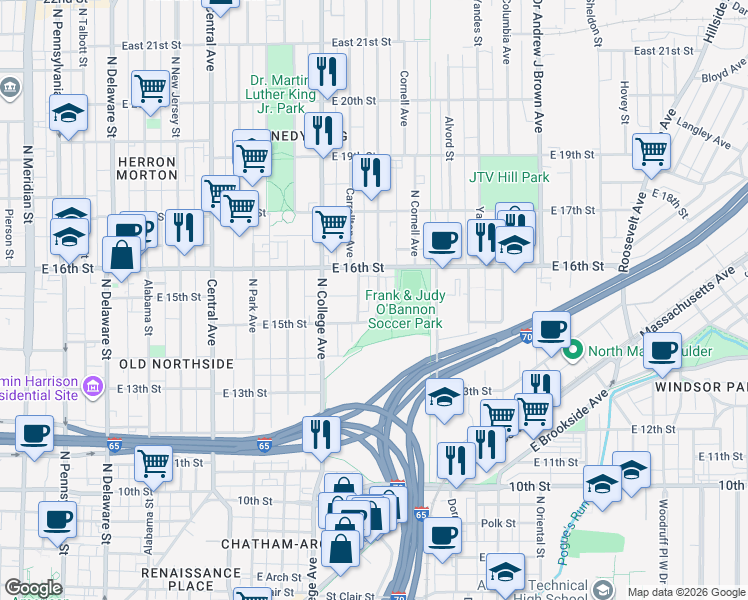 map of restaurants, bars, coffee shops, grocery stores, and more near 1523 Bellefontaine Street in Indianapolis