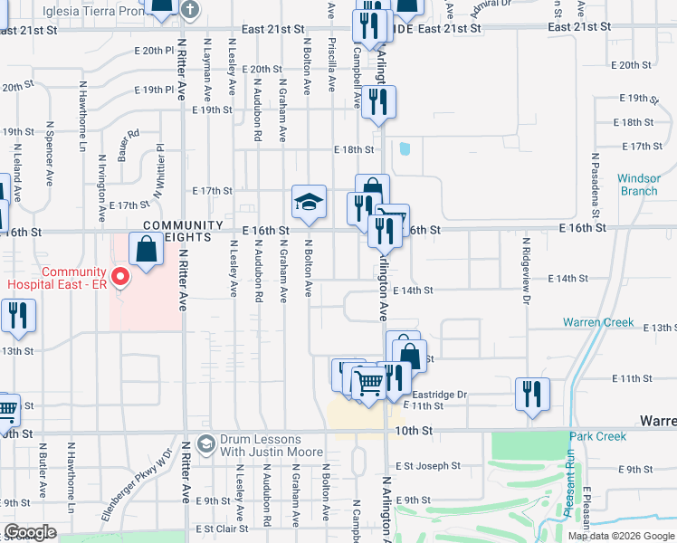 map of restaurants, bars, coffee shops, grocery stores, and more near 1407 East Priscilla Avenue in Indianapolis