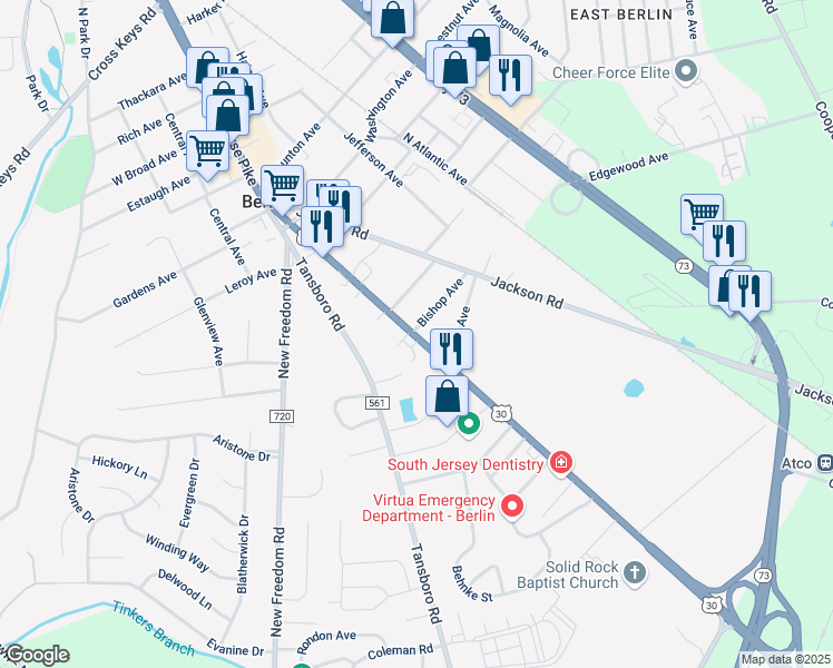 map of restaurants, bars, coffee shops, grocery stores, and more near 273 U.S. 30 in Berlin