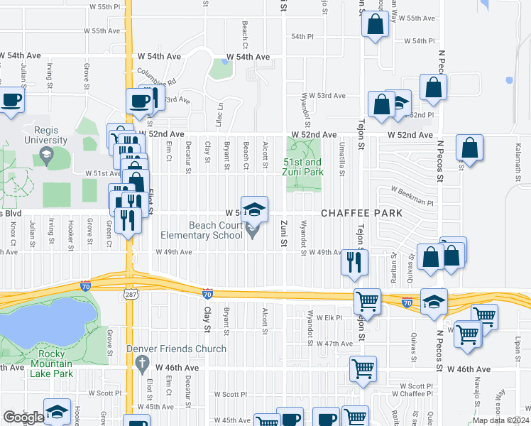map of restaurants, bars, coffee shops, grocery stores, and more near West 50th Avenue & Alcott Street in Denver