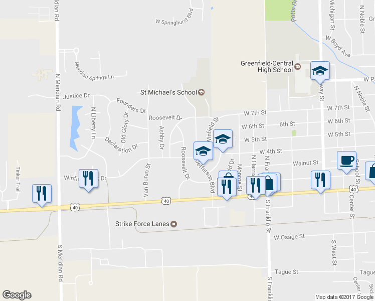 map of restaurants, bars, coffee shops, grocery stores, and more near 309 Roosevelt Drive in Greenfield