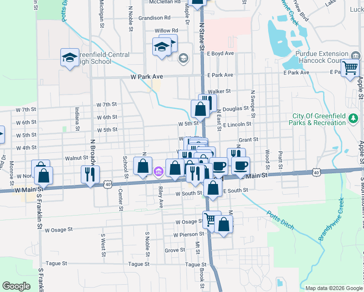 map of restaurants, bars, coffee shops, grocery stores, and more near 209 North Pennsylvania Street in Greenfield