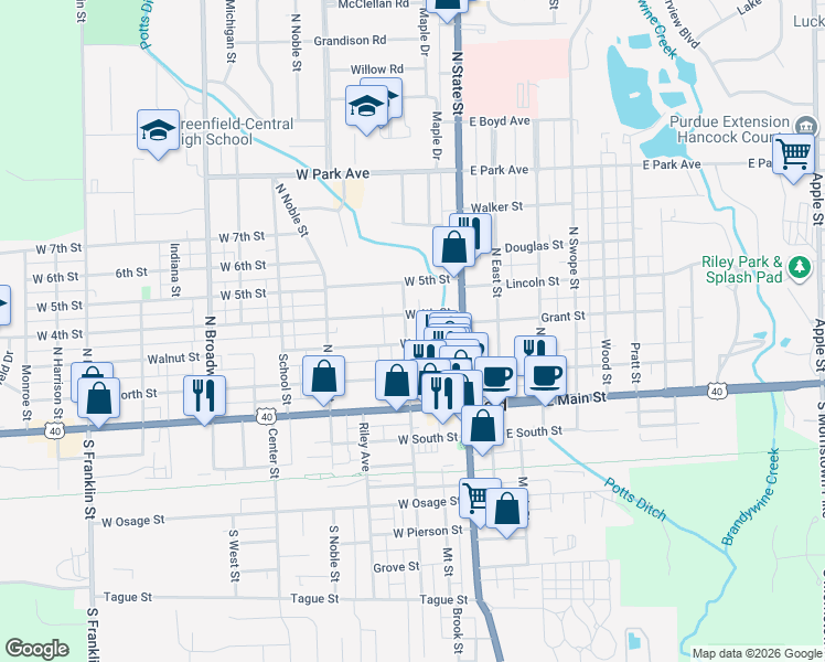 map of restaurants, bars, coffee shops, grocery stores, and more near 209 North Pennsylvania Street in Greenfield