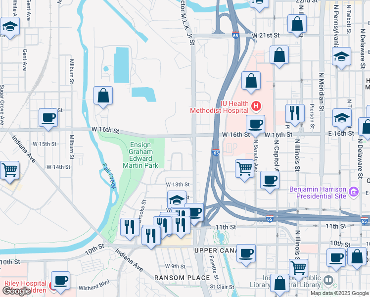 map of restaurants, bars, coffee shops, grocery stores, and more near 1500 Doctor Martin Luther King Junior Street in Indianapolis
