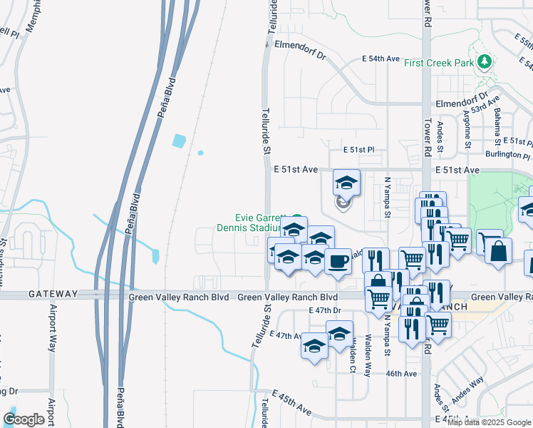 map of restaurants, bars, coffee shops, grocery stores, and more near Telluride Street in Denver