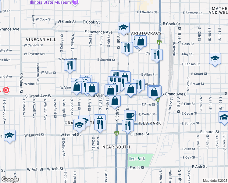 map of restaurants, bars, coffee shops, grocery stores, and more near 1214 South 4th Street in Springfield