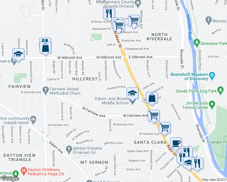 map of restaurants, bars, coffee shops, grocery stores, and more near 52 Pinehurst Avenue in Dayton