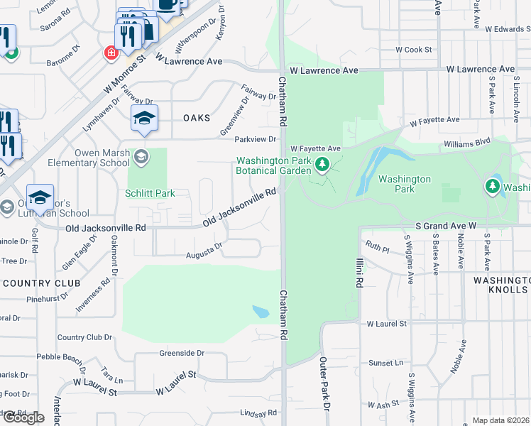map of restaurants, bars, coffee shops, grocery stores, and more near 2001 Oak Creek Road in Springfield