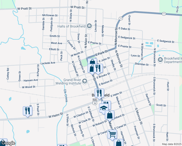 map of restaurants, bars, coffee shops, grocery stores, and more near 253 North Main Street in Brookfield