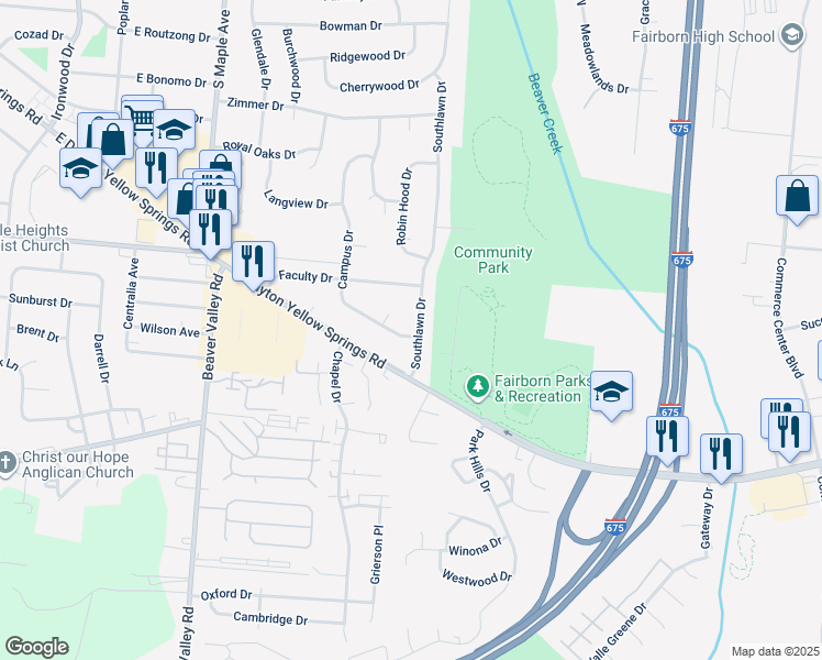 map of restaurants, bars, coffee shops, grocery stores, and more near 2000 Campus Drive in Fairborn