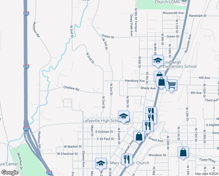 map of restaurants, bars, coffee shops, grocery stores, and more near 2512 North 3rd Street in Saint Joseph