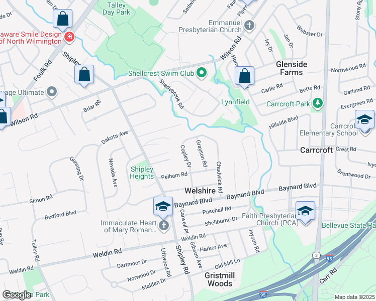 map of restaurants, bars, coffee shops, grocery stores, and more near 1307 Copley Drive in Wilmington