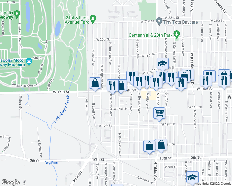 map of restaurants, bars, coffee shops, grocery stores, and more near 3607 West 16th Street in Indianapolis