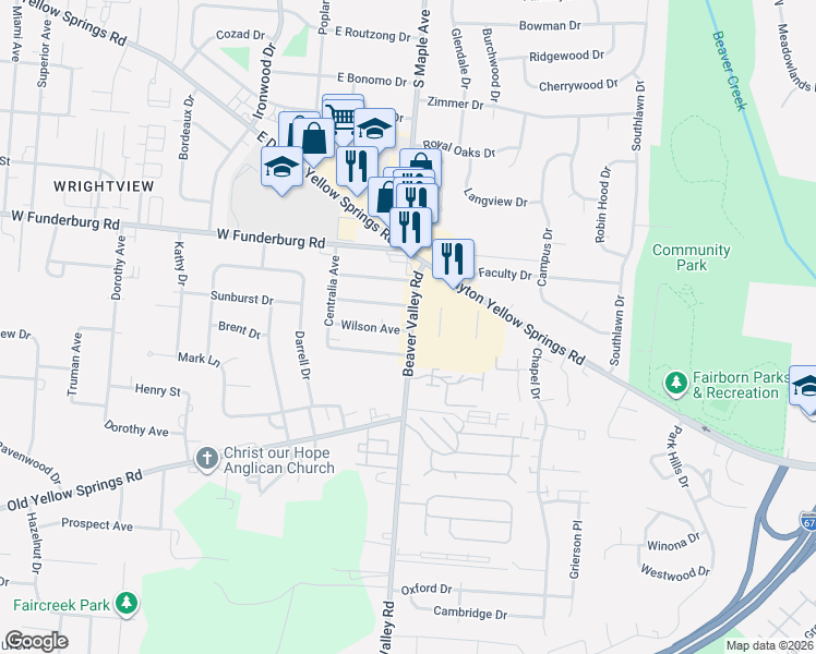map of restaurants, bars, coffee shops, grocery stores, and more near 1979 Beaver Valley Road in Fairborn