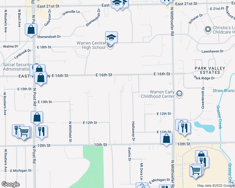 map of restaurants, bars, coffee shops, grocery stores, and more near 1340 Eustis Drive in Indianapolis