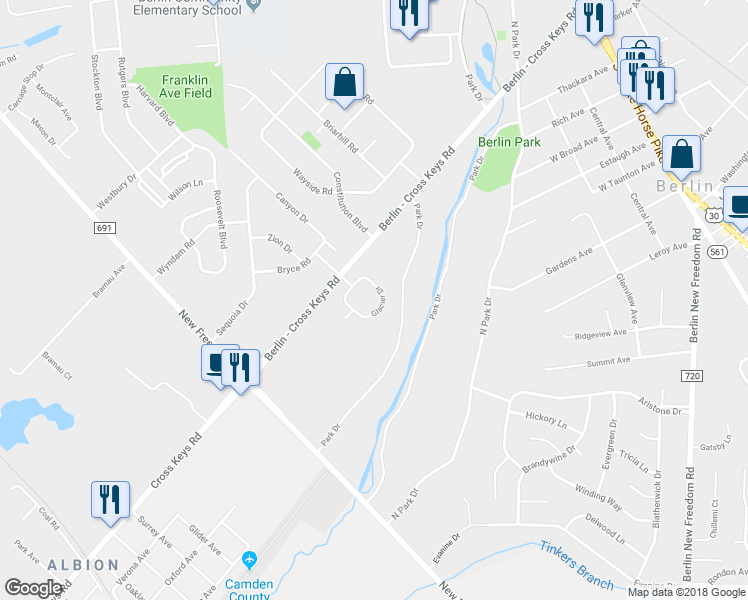 map of restaurants, bars, coffee shops, grocery stores, and more near 14 Glacier Drive in Berlin