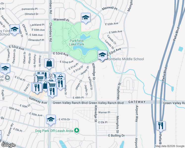 map of restaurants, bars, coffee shops, grocery stores, and more near 5167 Kittredge Street in Denver