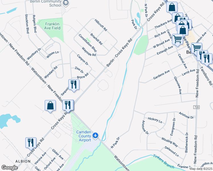 map of restaurants, bars, coffee shops, grocery stores, and more near 14 Glacier Drive in Berlin