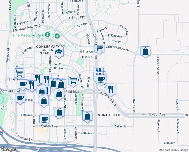 map of restaurants, bars, coffee shops, grocery stores, and more near 4977 Central Park Boulevard in Denver
