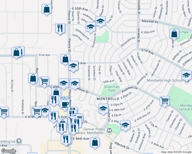 map of restaurants, bars, coffee shops, grocery stores, and more near 5014 Scranton Court in Denver