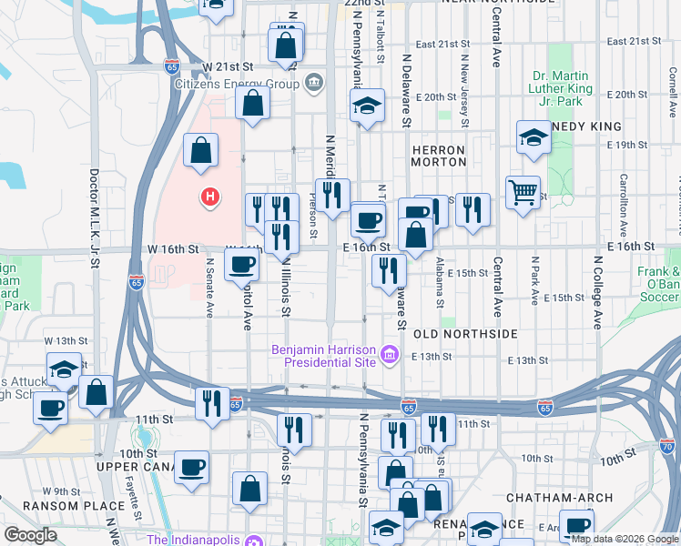 map of restaurants, bars, coffee shops, grocery stores, and more near 1525n North Meridian Street in Indianapolis