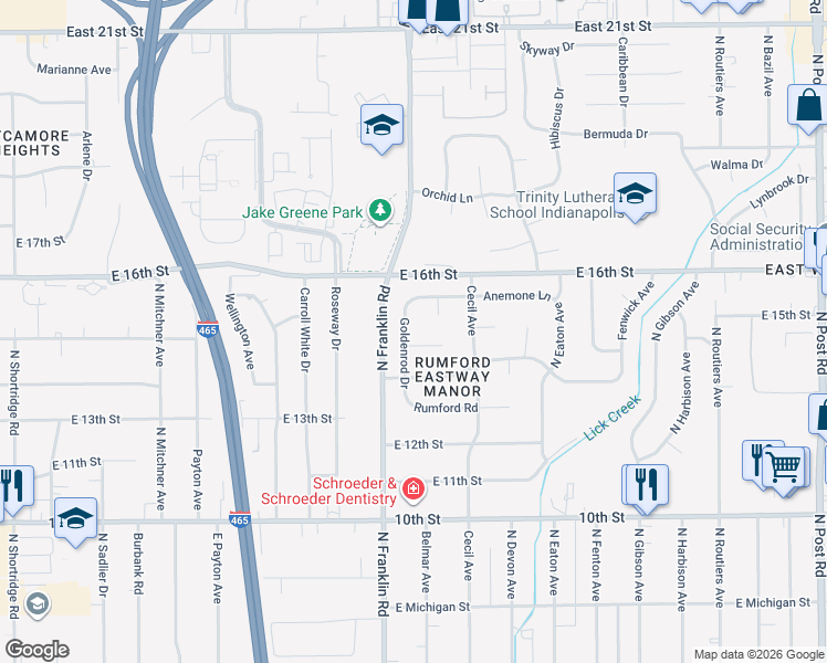 map of restaurants, bars, coffee shops, grocery stores, and more near 1421 Goldenrod Drive in Indianapolis