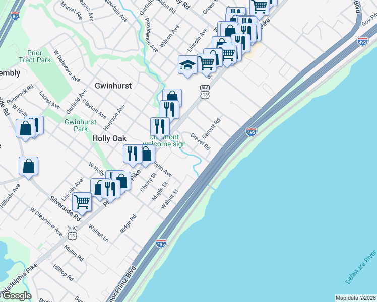 map of restaurants, bars, coffee shops, grocery stores, and more near 101 Garrett Road in Claymont