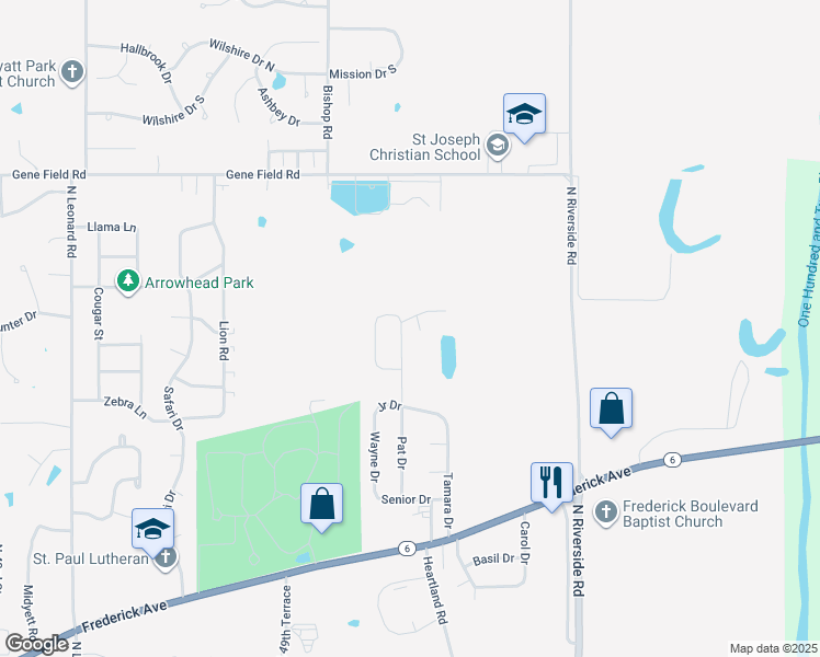 map of restaurants, bars, coffee shops, grocery stores, and more near 1905 Pat Drive in Saint Joseph