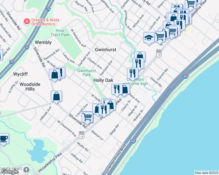 map of restaurants, bars, coffee shops, grocery stores, and more near 9 Laurel Avenue in Wilmington