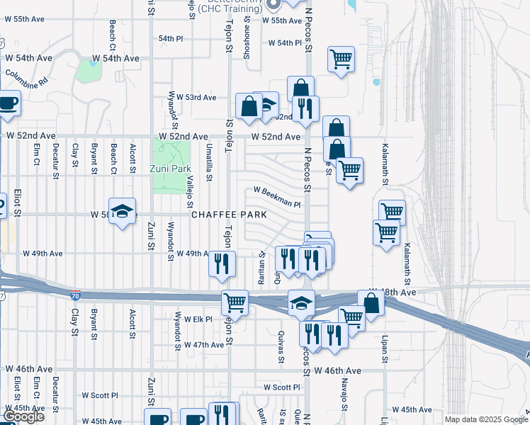map of restaurants, bars, coffee shops, grocery stores, and more near 1840 West Stoll Place in Denver